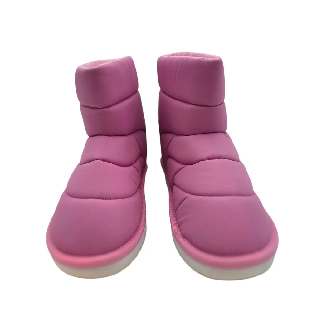 Girls Pink Puffer Winter Boots‎ 6 Youth Warm Faux Fur Lined Slip On Lands End